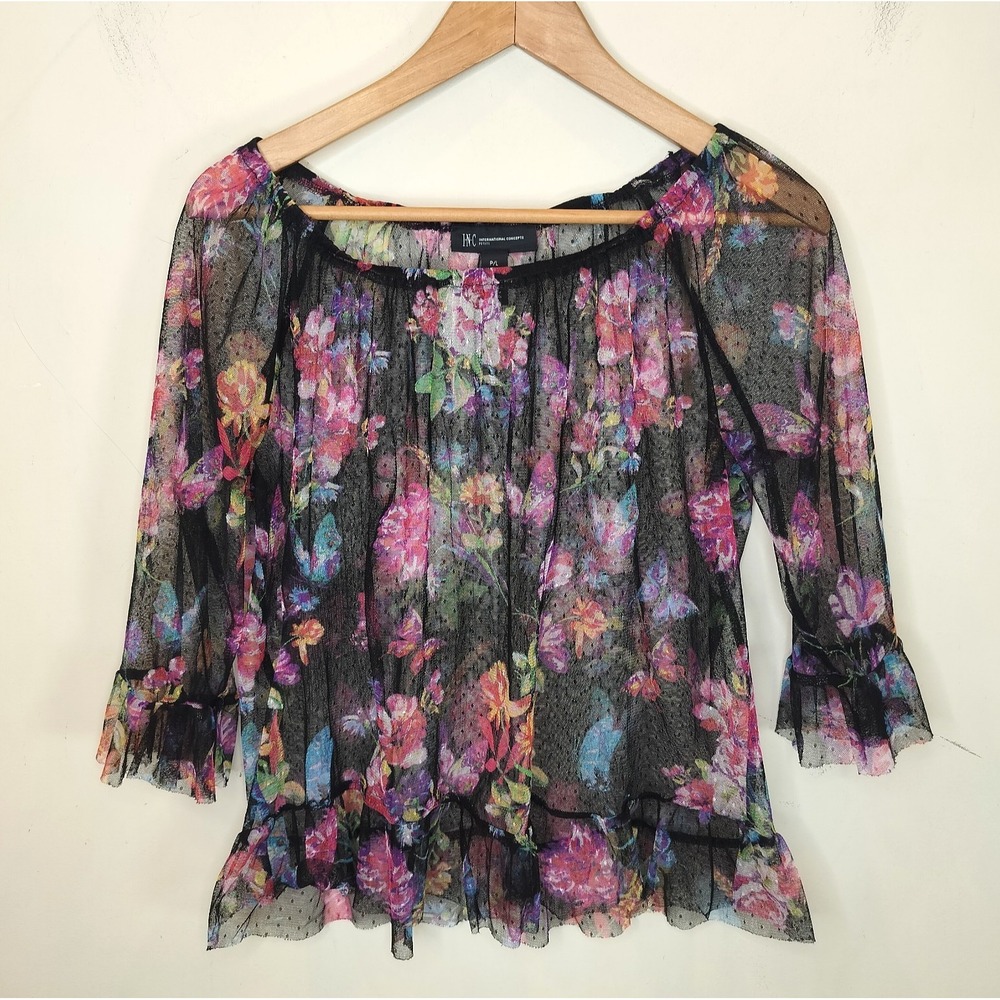 INC Floral Mesh Top Sheer Ruffled Whimsy Fairy Grunge